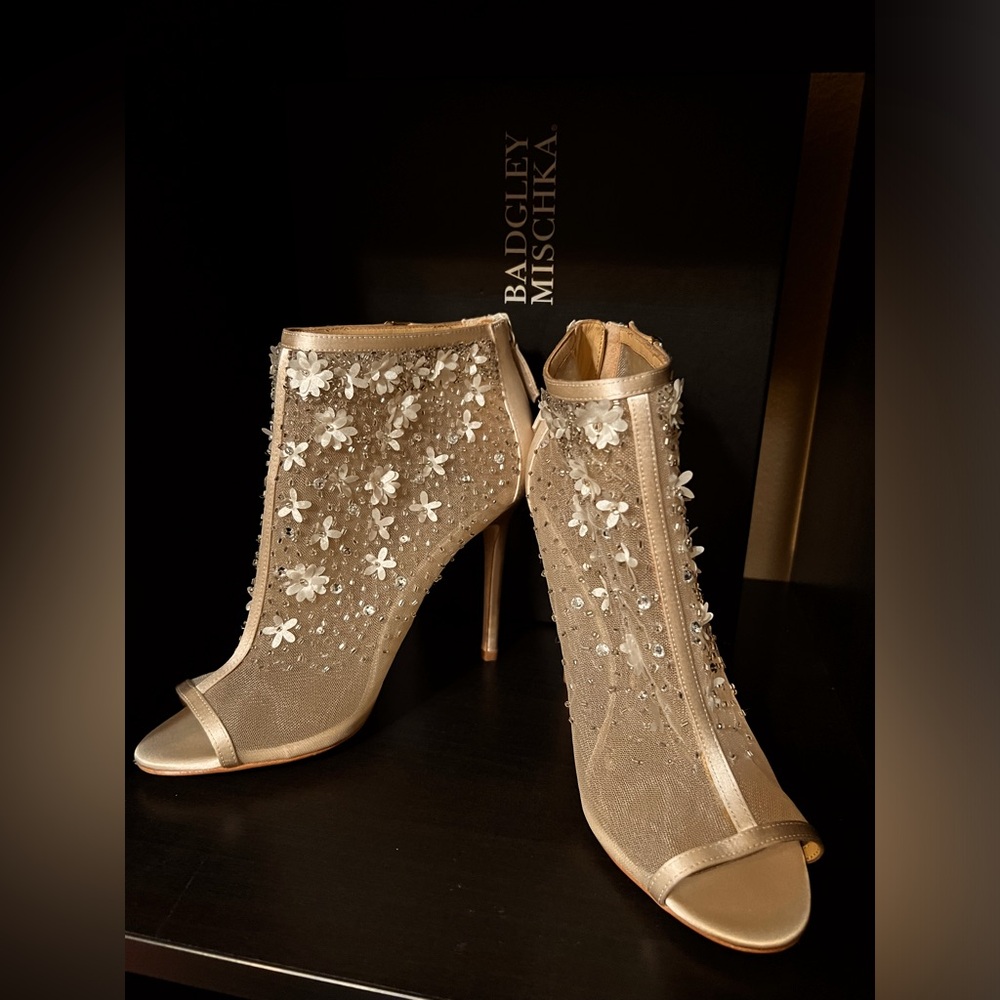 Badgley Mischka Ivory Satin Floral Beaded Sheer Ankle Boots, NWT